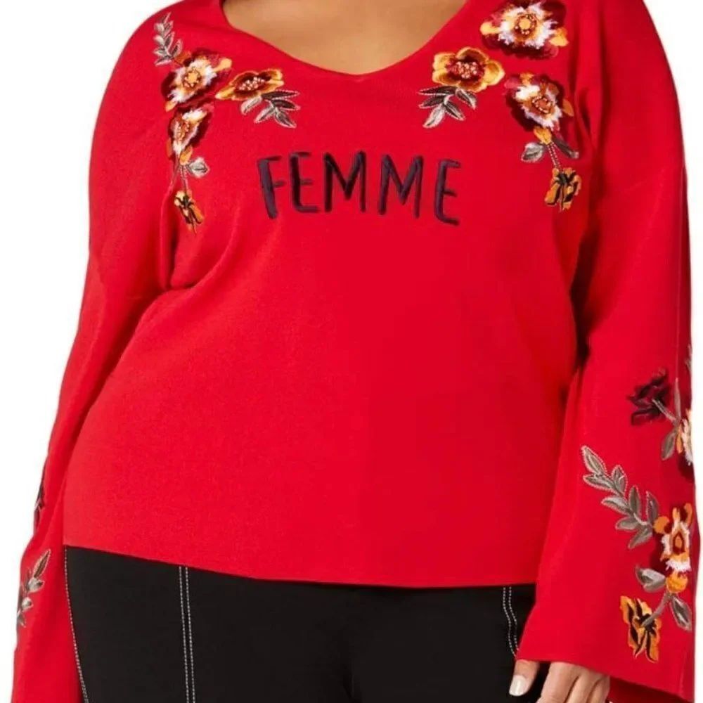 INC International Concept Red embroidered 3/4 bell sleeves sweater, size 2X